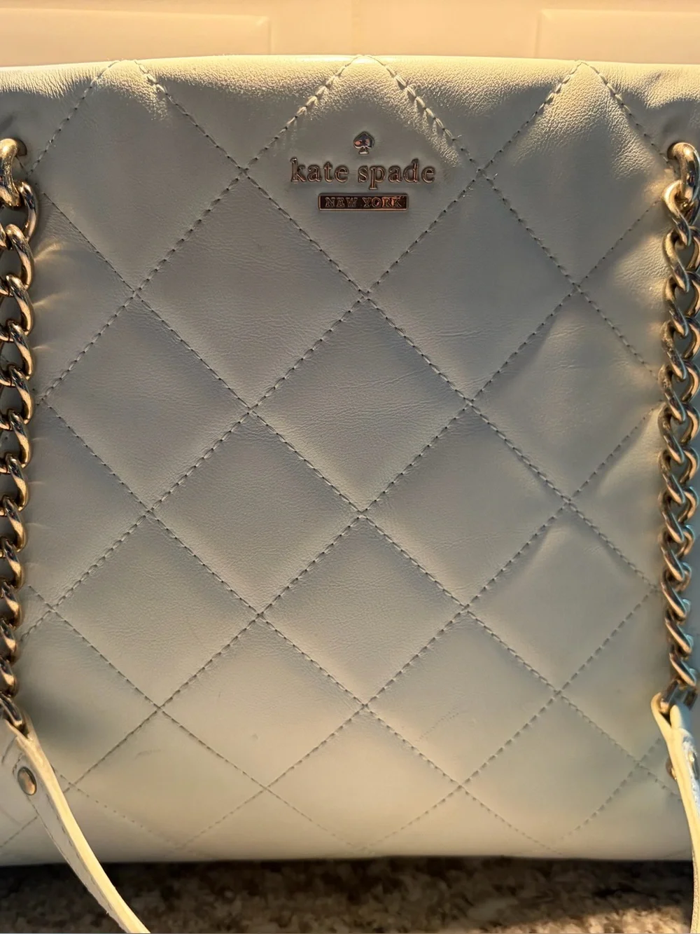 kate spade light blue Quilted Leather Shoulder Bag with Gold Chain